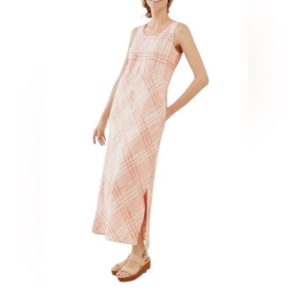 J. Jill Love Linen Coral White Plaid Sleeveless Maxi Dress Size MP Beach Coastal